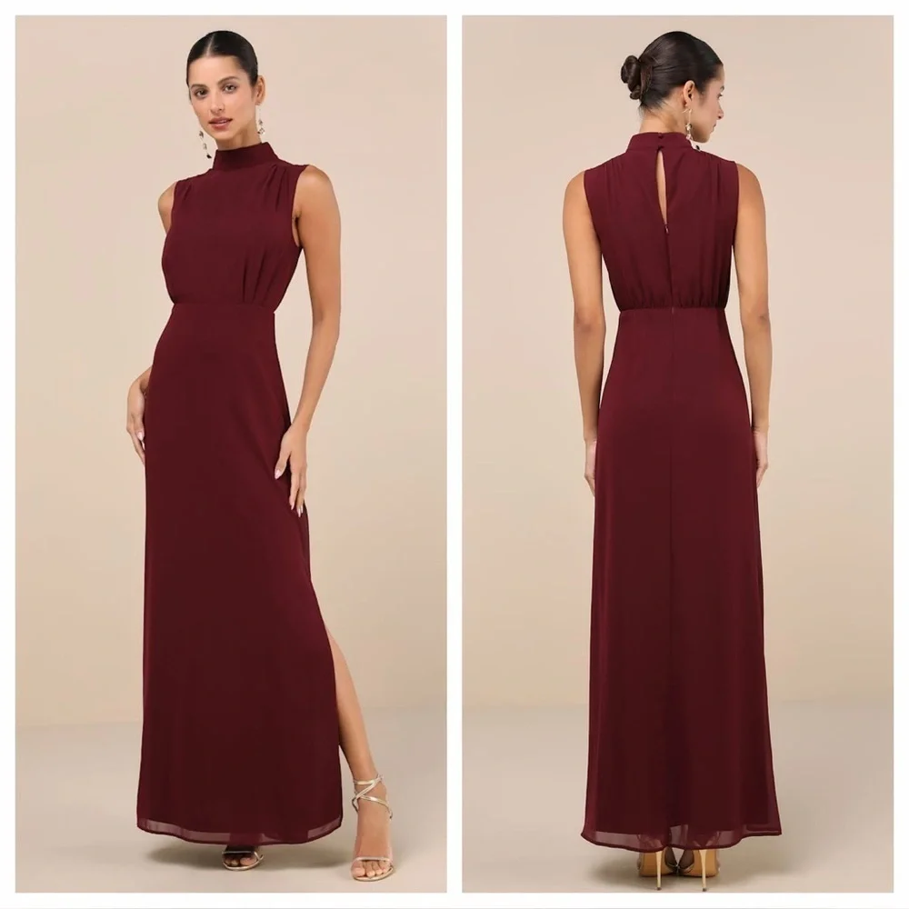 Lulus Classic Elegance Plum Chiffon Sleeveless Mock Neck Maxi Dress